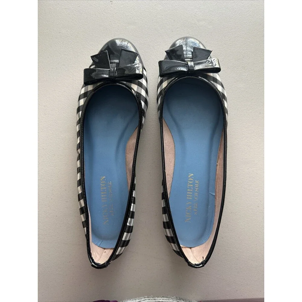 Nicky Hilton X French Sole Black White Checkered Flat Dress Shoe Womens Size 8.5